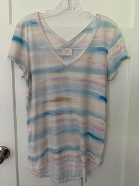 Anthropologie t.la Striped V Neck Tee S Pastel Watercolor Cotton Modal Made USA